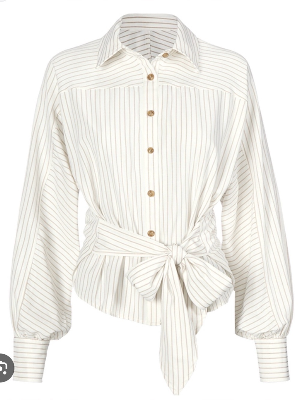 CAbi Women’s White Button-Down Shirt with Tan Pinstripes and tie back